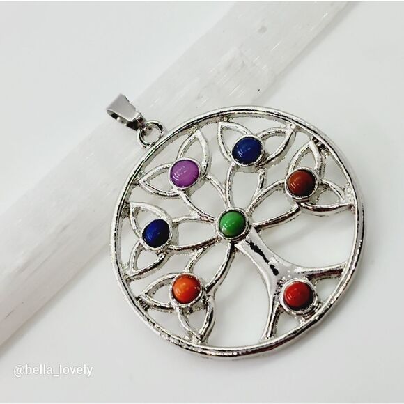7 Color Stone Beads Chakra Healing Tree of Life Pendant 1.75" - Picture 2 of 2